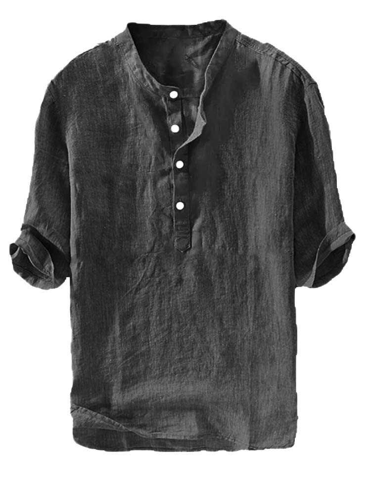 Ryannology Mens Linen Shirts Henley 3/4 Sleeve Casual Cotton T-Shirt Regular-Fit Lightweight Beach Yoga Tunic Tops - Image 1